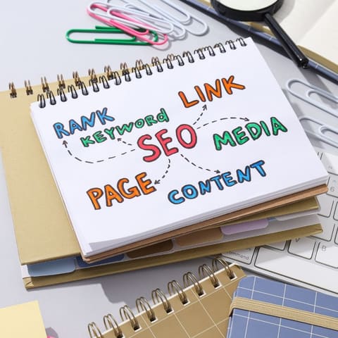 Notebook sketch of an SEO content strategy with keywords, links and rankings